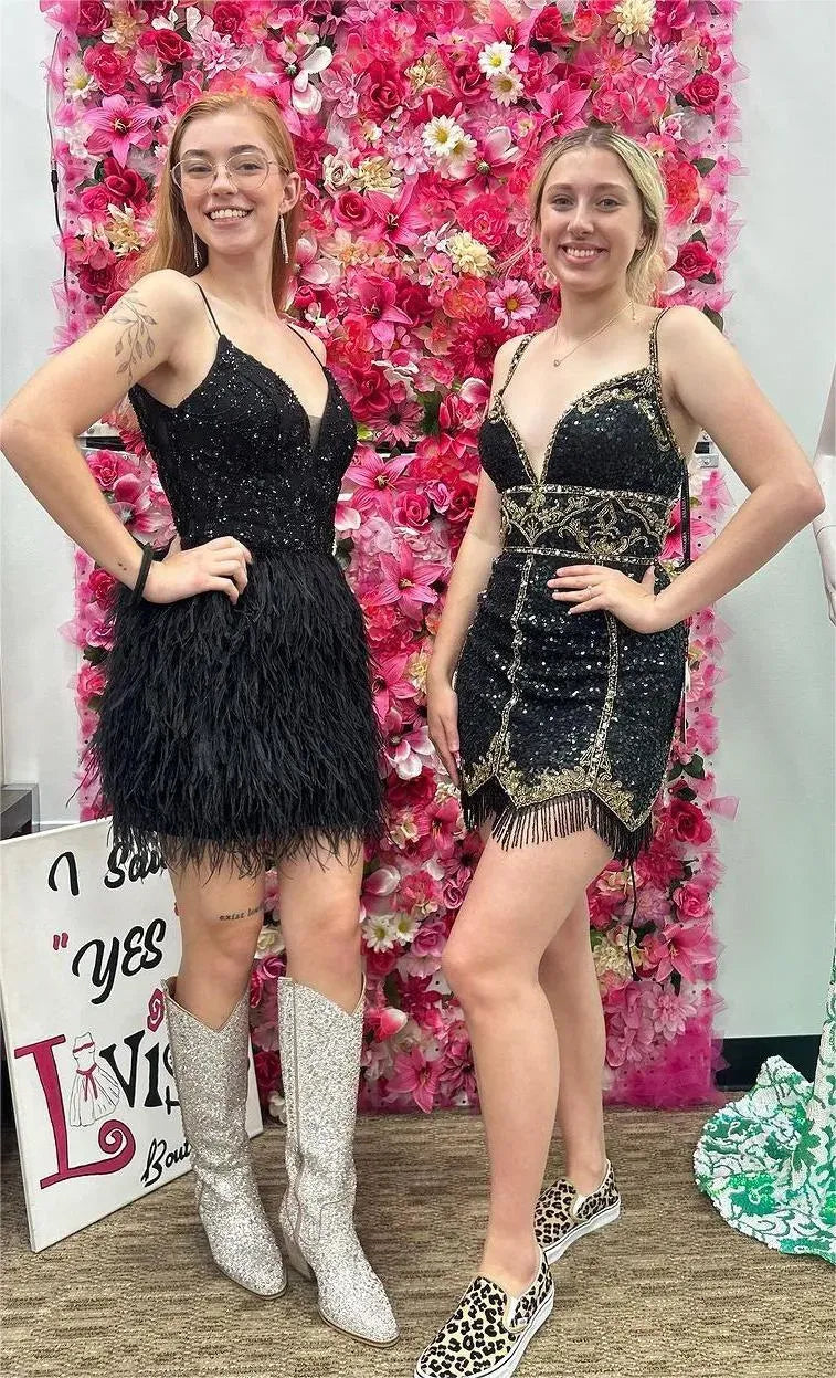 Spaghetti Strap V Neck Sequin Feather Homecoming Dress | Open Back Bodycon Mini Cocktail Dress
