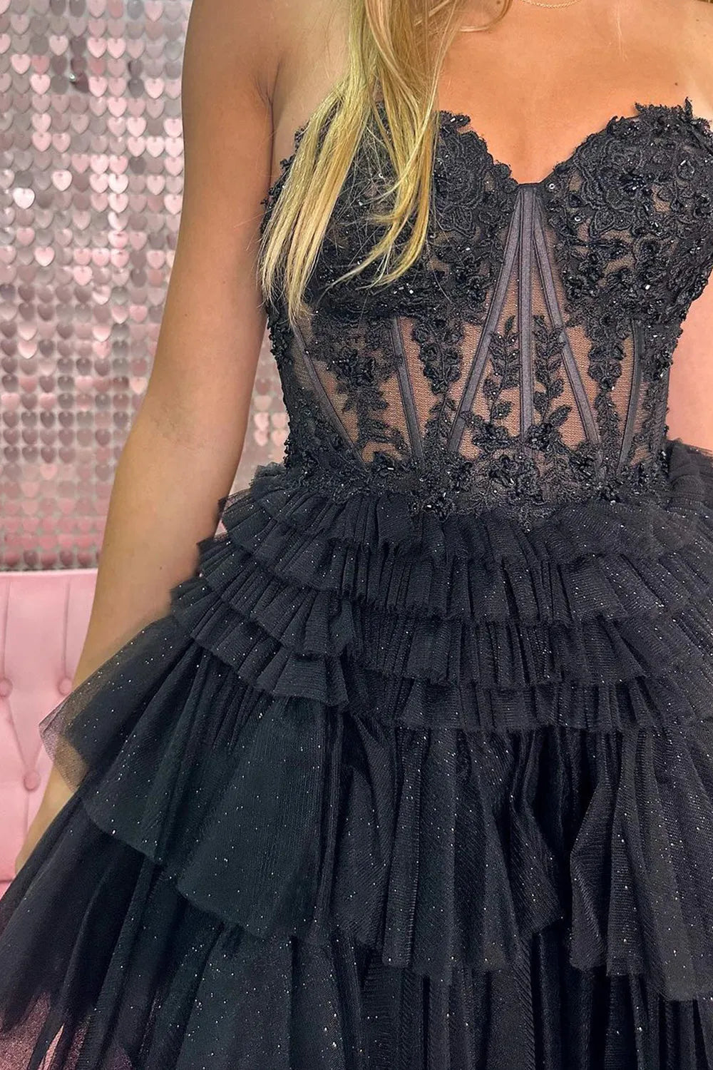 Strapless Lace Corset Homecoming Dress | Glitter Tulle Tiered Ruffle Short Prom Gown