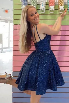 One Shoulder Sequin A-Line Homecoming Dress | High Waist Flared Skirt Mini Cocktail Dress