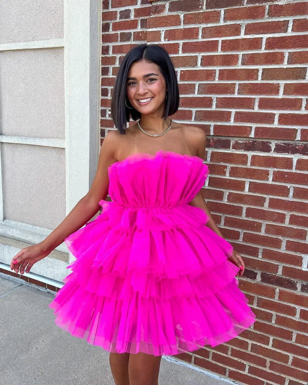 Strapless Ruffled Tulle Homecoming Dress | Bow Waist Tiered Mini A-Line Cocktail Dress