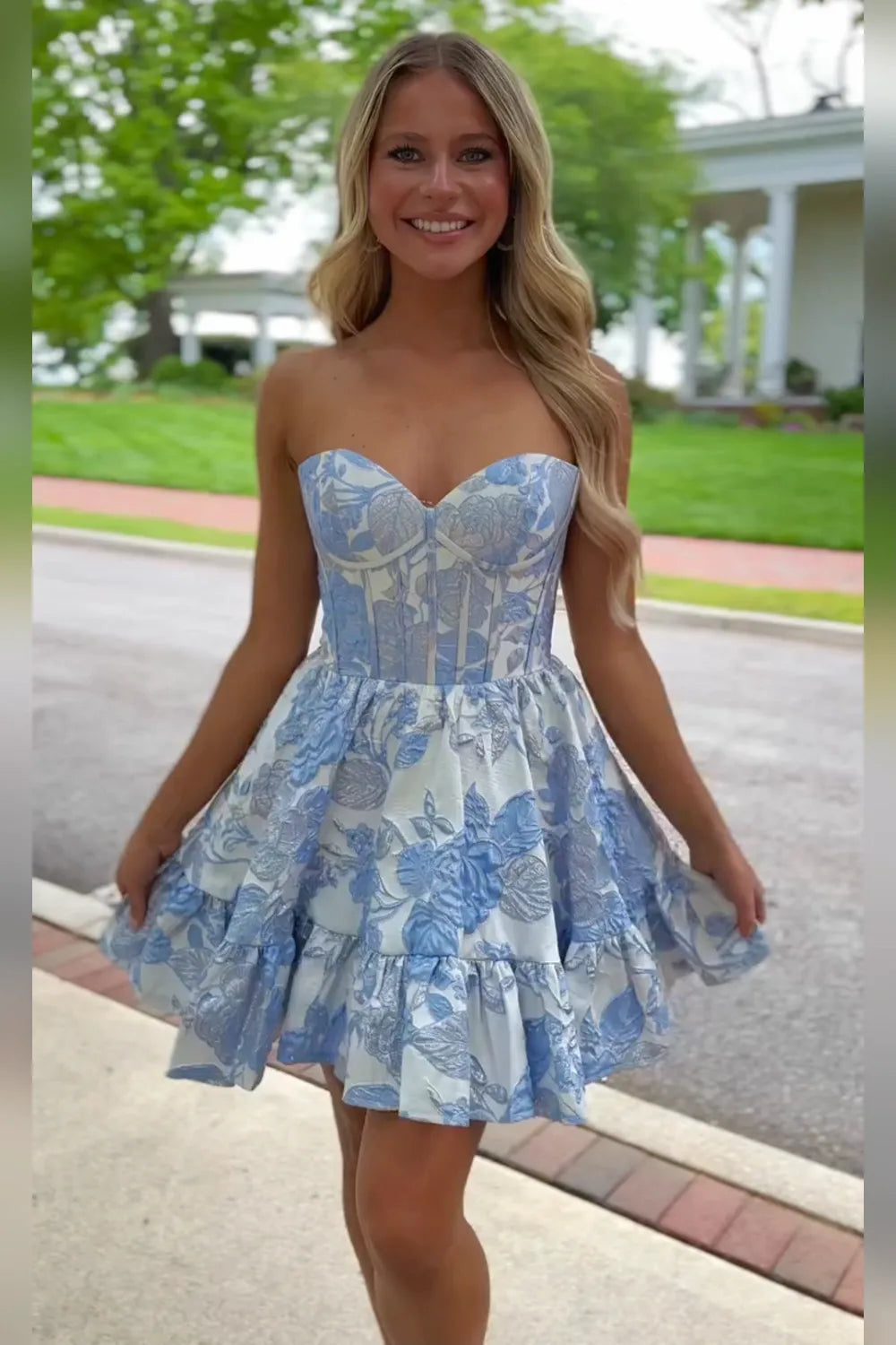 Strapless Floral Jacquard Corset Homecoming Dress | Sweetheart Ruffle Skirt Short Prom Gown