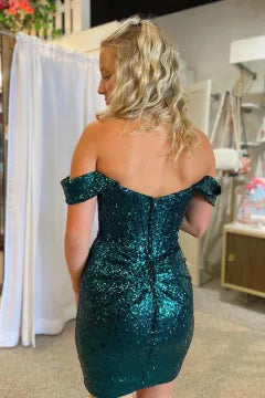 Off The Shoulder All Sequin Homecoming Dress | Ruched Bodycon Mini Cocktail Dress