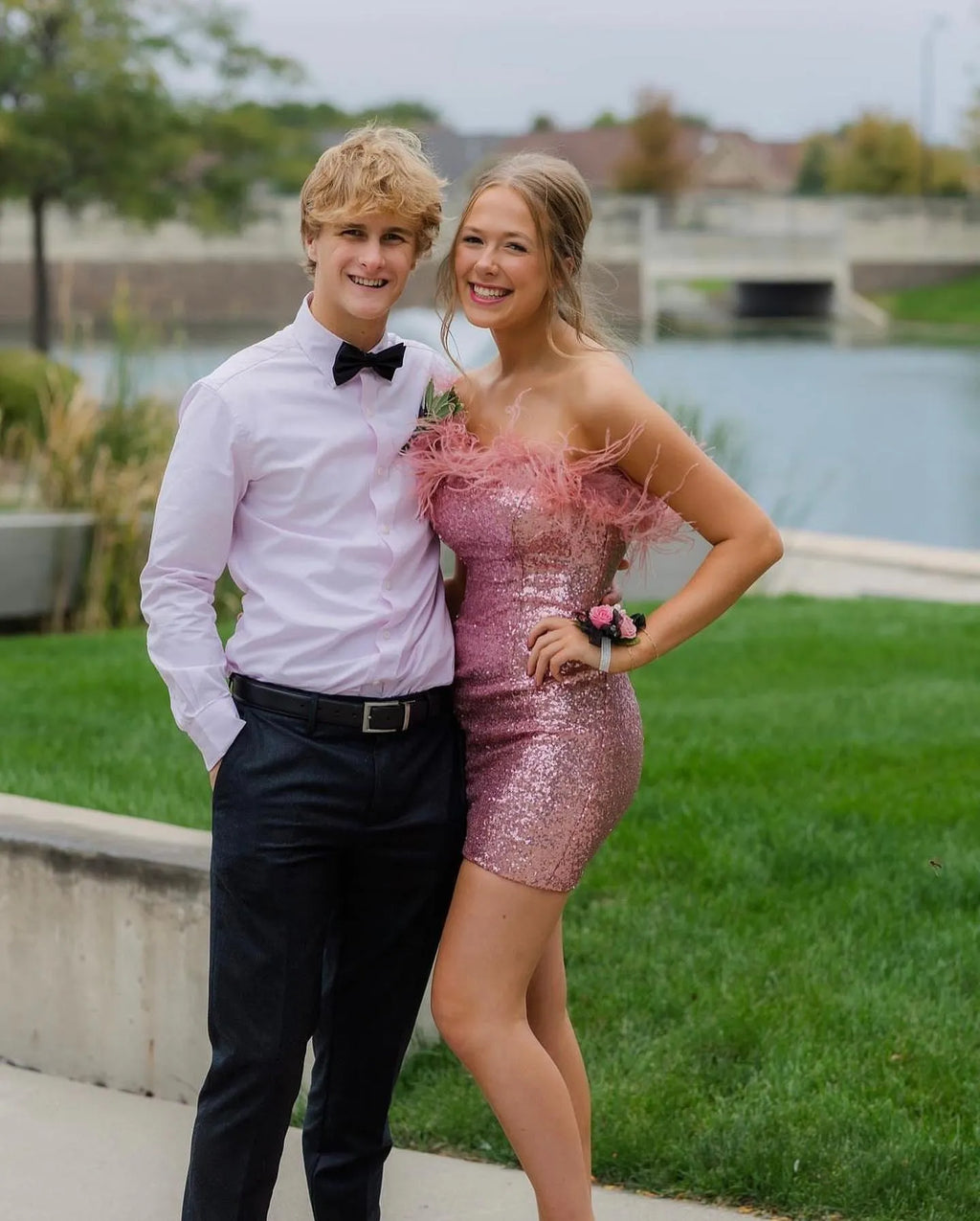 One Shoulder Feather Trim Sequin Homecoming Dress | Bodycon Mini Cocktail Dress