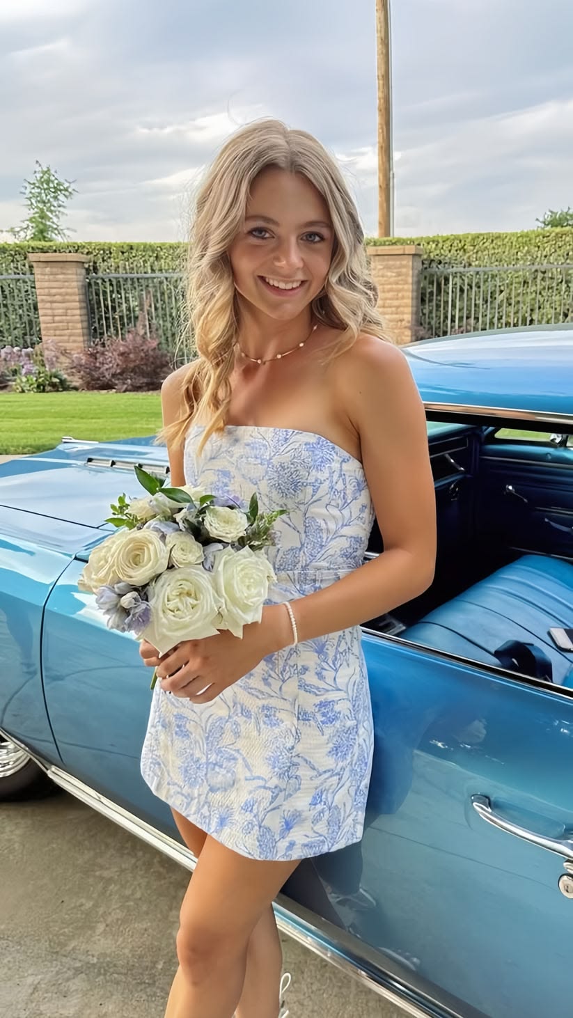 Strapless Floral Print Homecoming Dress | Jacquard Toile Pattern Mini Cocktail Gown