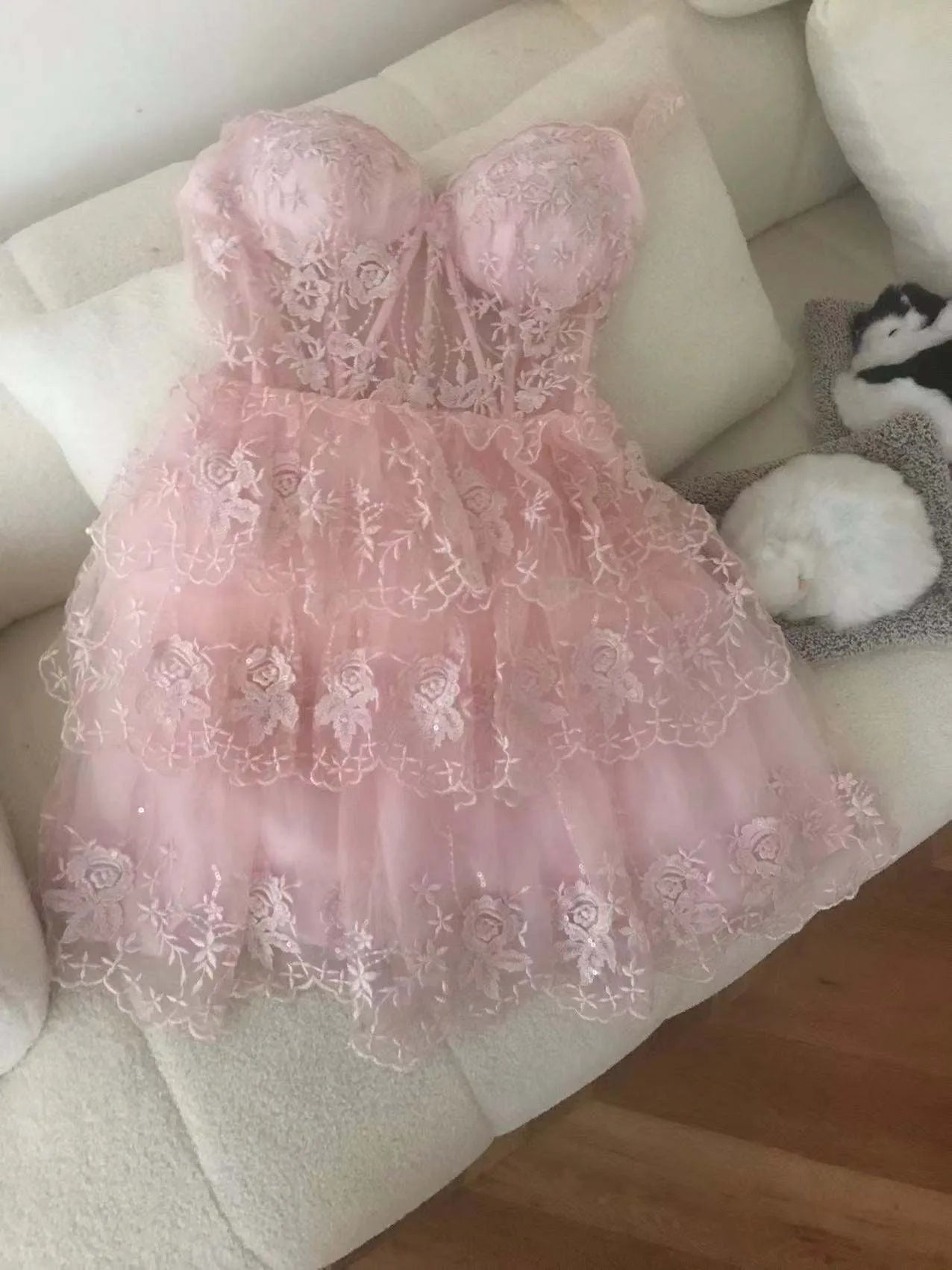 Off Shoulder Floral Lace Corset Homecoming Dress | Tiered Ruffle Mini Tulle Cocktail Dress