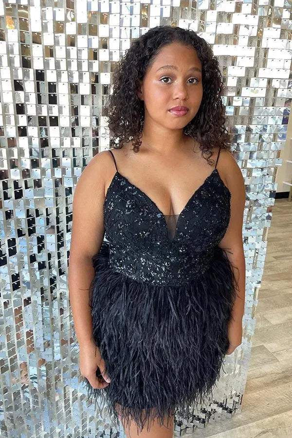 Spaghetti Strap V Neck Sequin Feather Homecoming Dress | Open Back Bodycon Mini Cocktail Dress