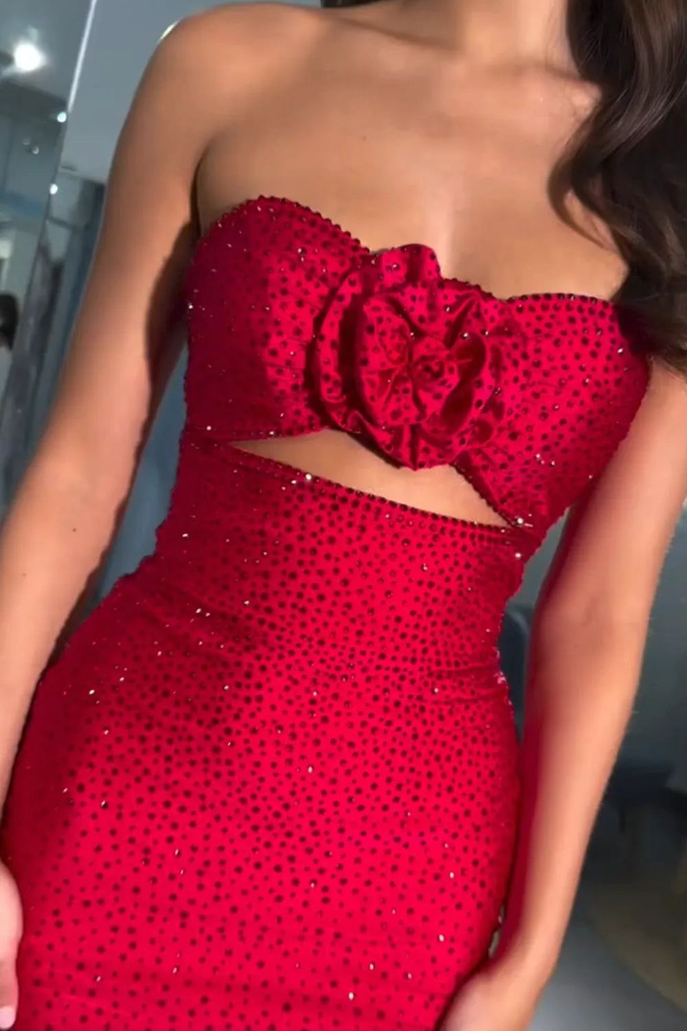 Strapless Sequin Homecoming Dress with 3D Flower & Waist Cutout