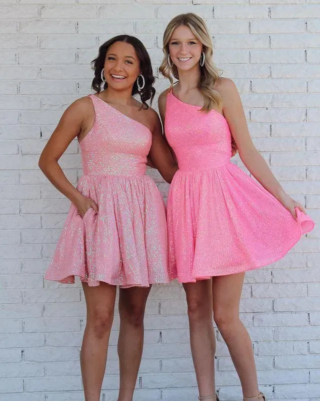 One Shoulder Sequin A-Line Homecoming Dress | High Waist Flared Skirt Mini Cocktail Dress