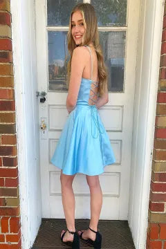 Spaghetti Strap Satin Homecoming Dress | A-Line Mini Dress with Lace-Up Back