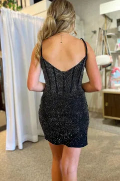 Spaghetti Strap Deep V Keyhole Corset Homecoming Dress |  Bodycon Mini Cocktail Dress