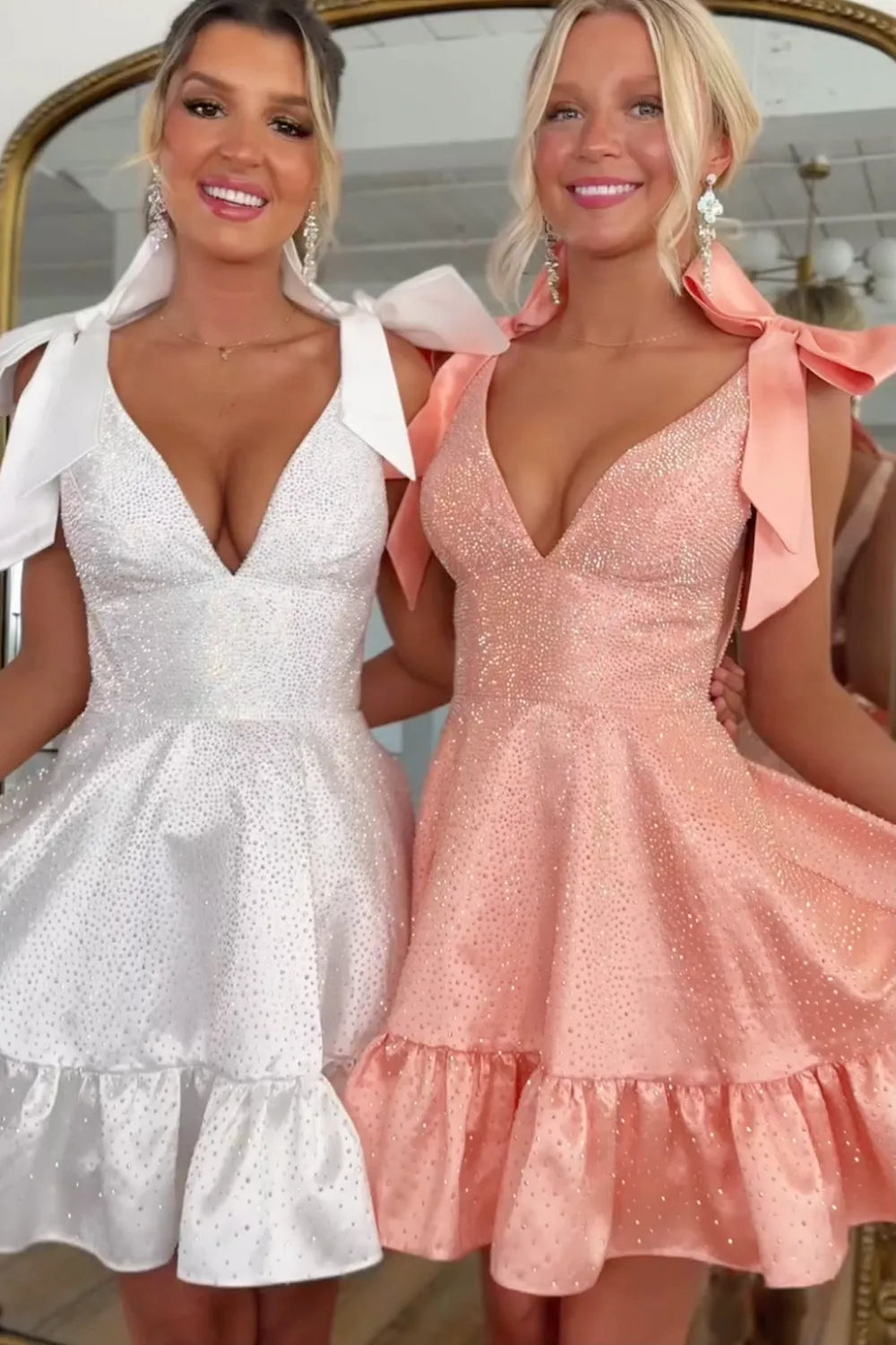 Sparkly A-Line Homecoming Dress with Shoulder Bows