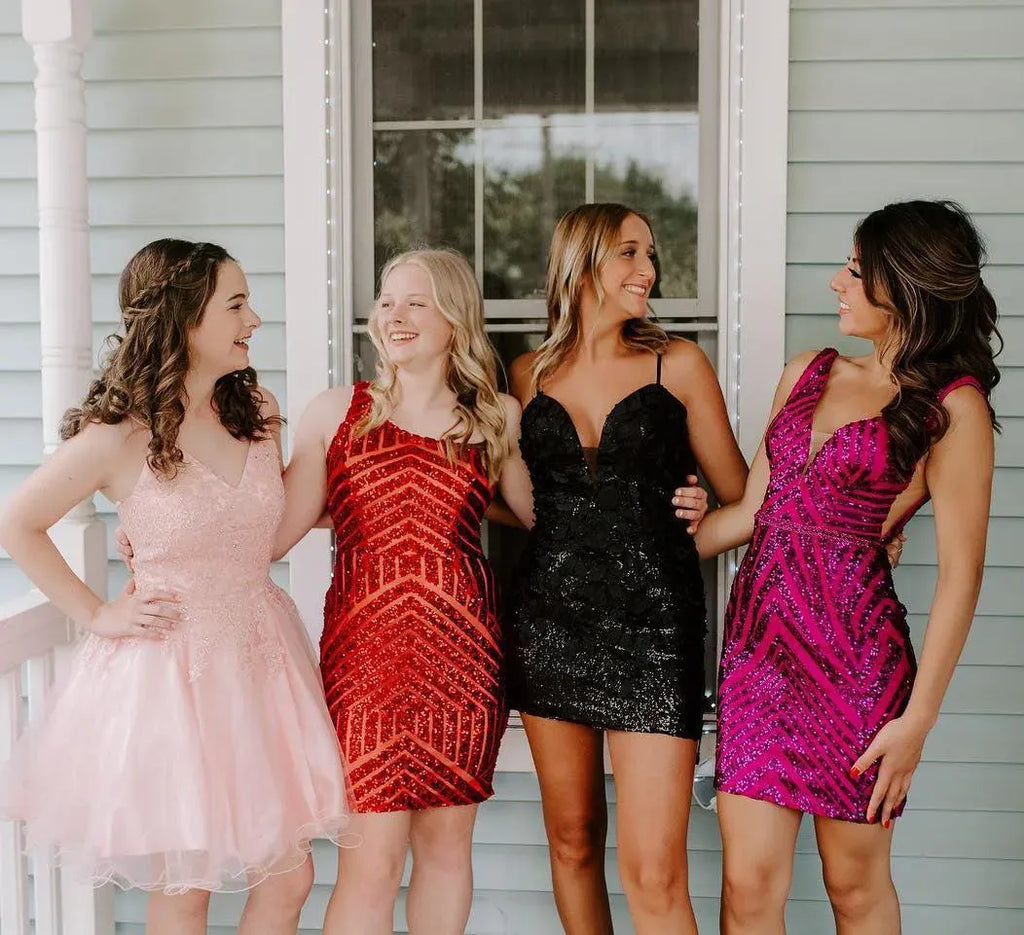 One Shoulder Chevron Sequin Homecoming Dress | Open Back Mesh Cutout Bodycon Mini Cocktail Dress