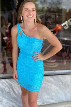 One Shoulder Cutout Sequin Homecoming Dress | Crisscross Open Back Bodycon Mini Dress