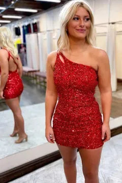 One Shoulder Cutout Sequin Homecoming Dress | Crisscross Open Back Bodycon Mini Dress