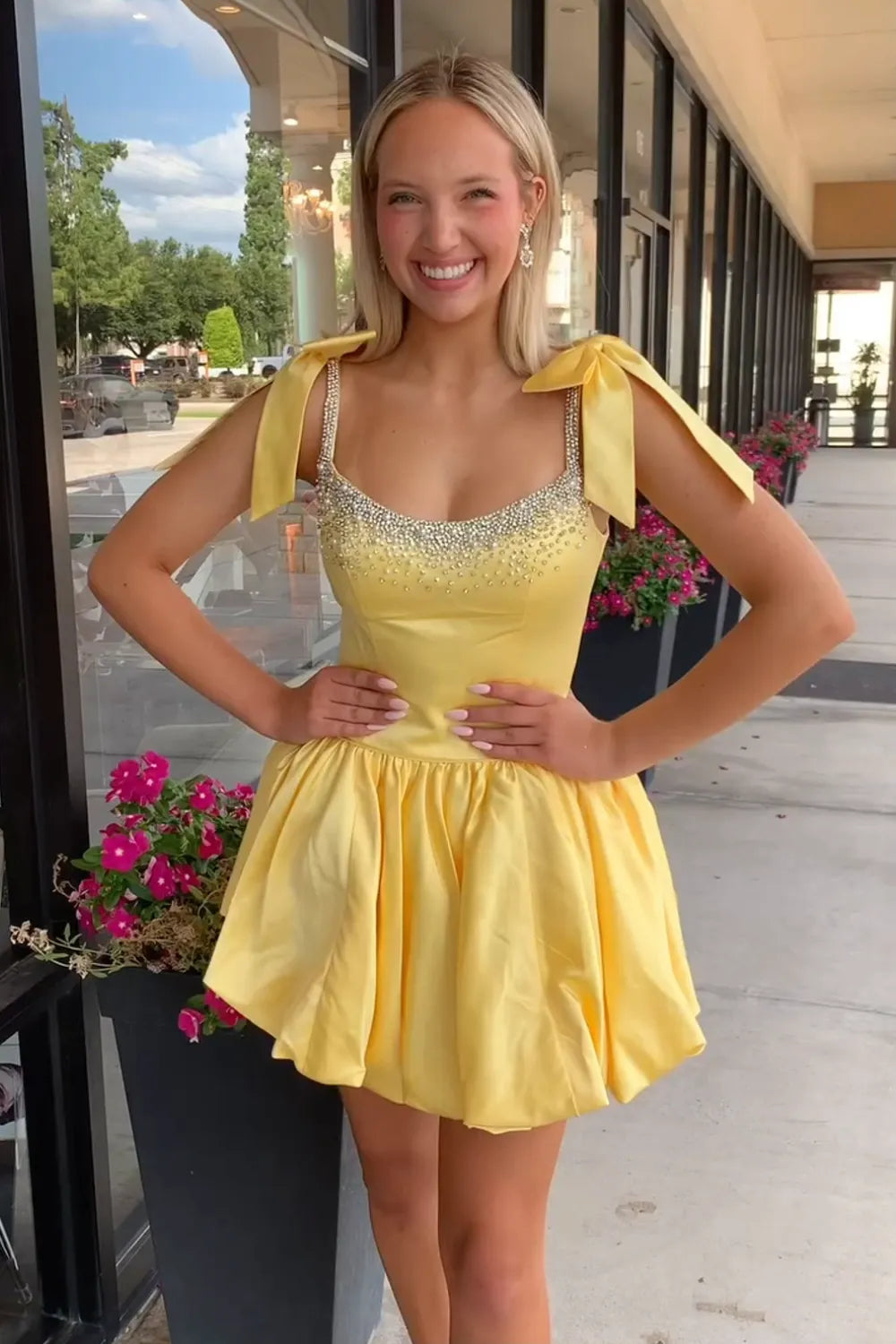 Crystal Embellished Satin Homecoming Dress | Bow Strap Bubble Skirt Short Prom Gown