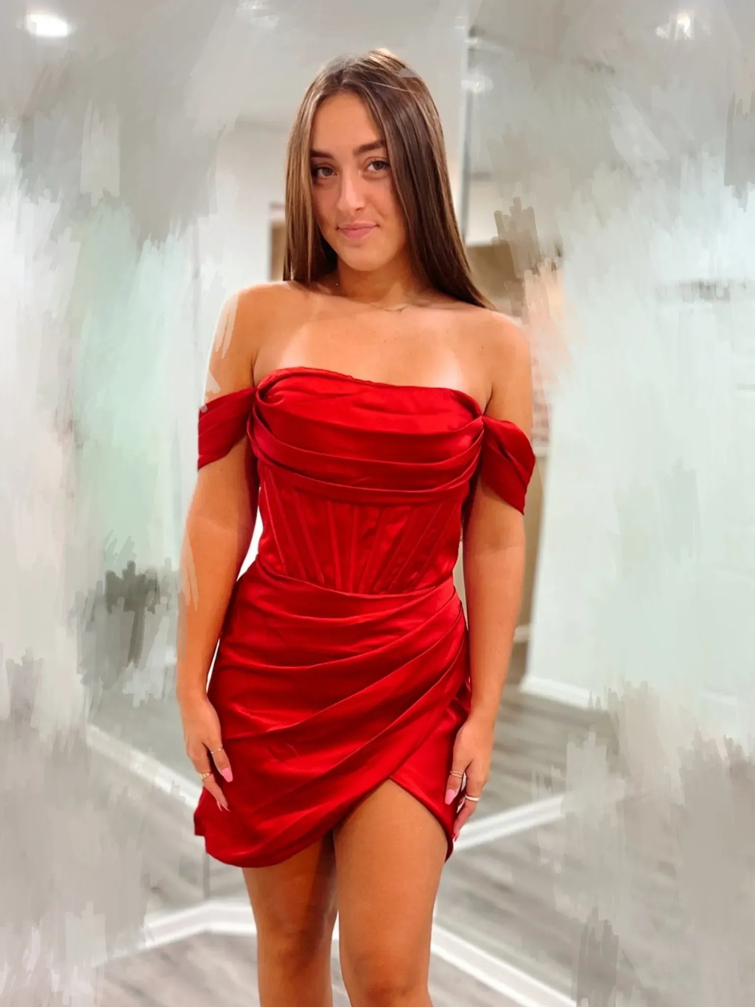 Off The Shoulder Satin Corset Homecoming Dress | Ruched Wrap Slit Bodycon Mini Cocktail Dress