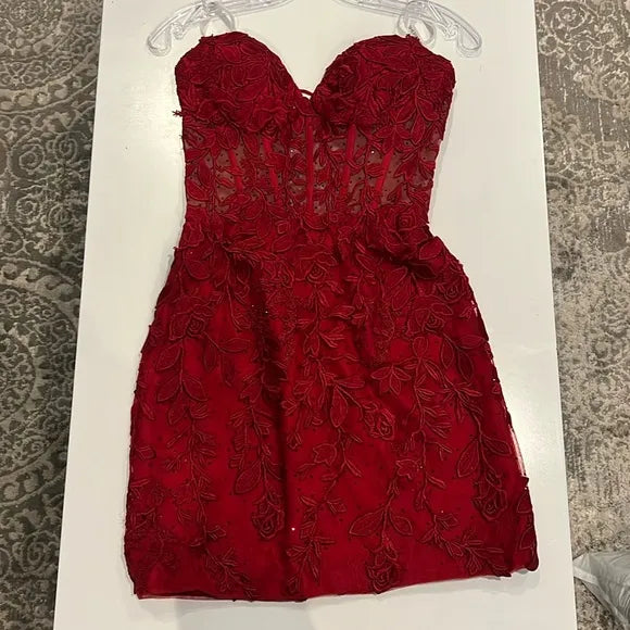 Strapless Lace Corset Homecoming Dress | Sweetheart Sheer Mesh Bodycon Short Prom Gown