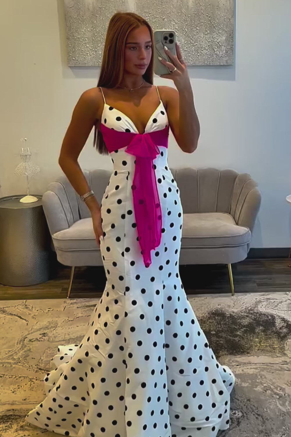 White Polka Dot Spaghetti Straps Mermaid Long Prom Dress