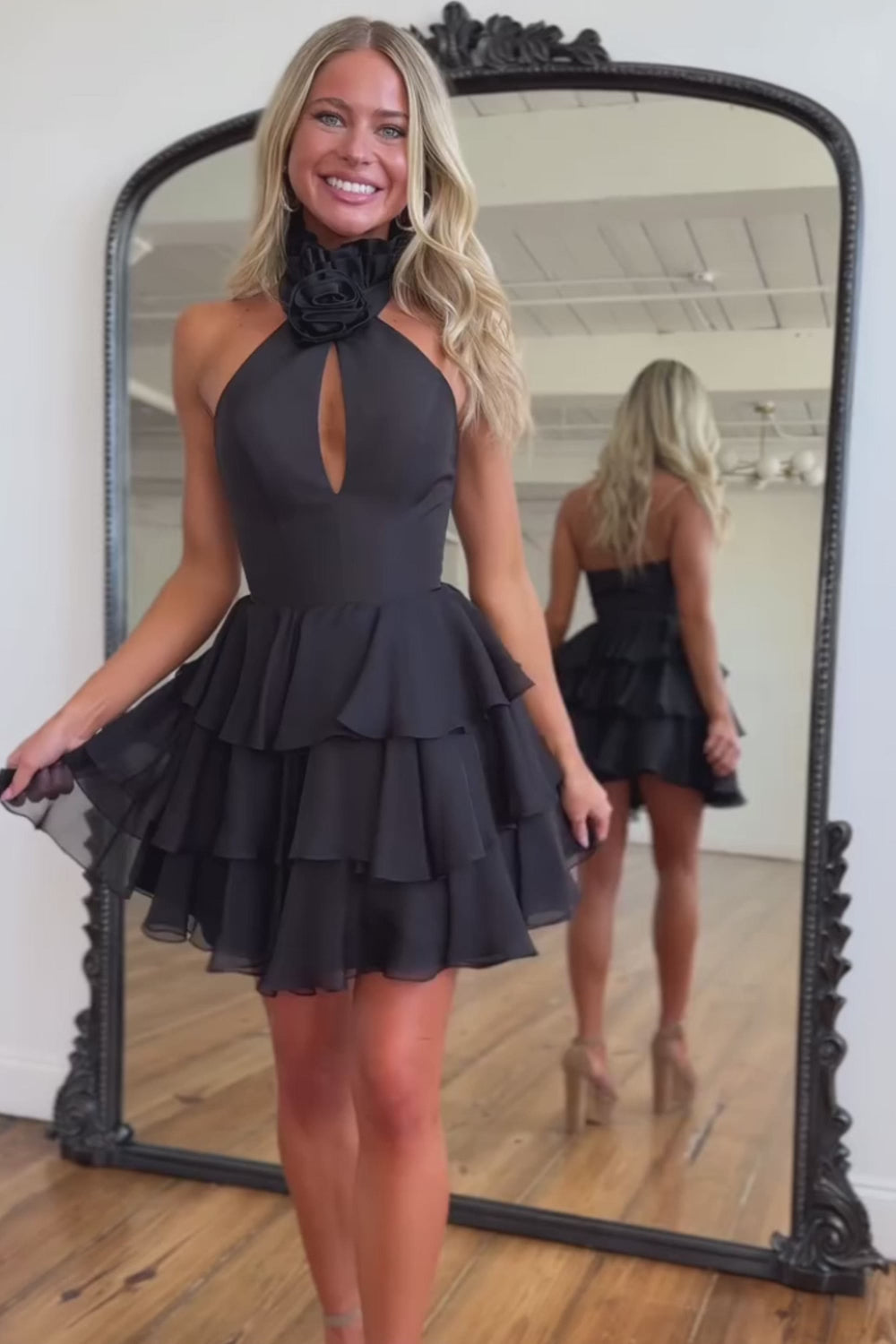 Halter Homecoming Dress with Keyhole Cutout and Tiered Chiffon Skirt