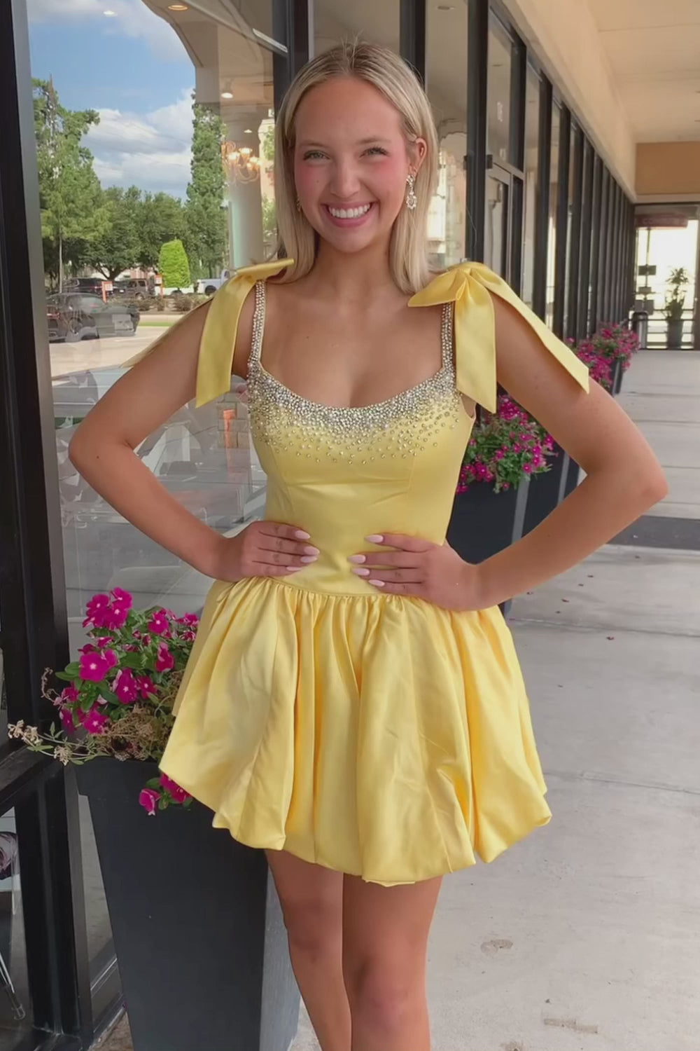 Crystal Embellished Satin Homecoming Dress | Bow Strap Bubble Skirt Short Prom Gown