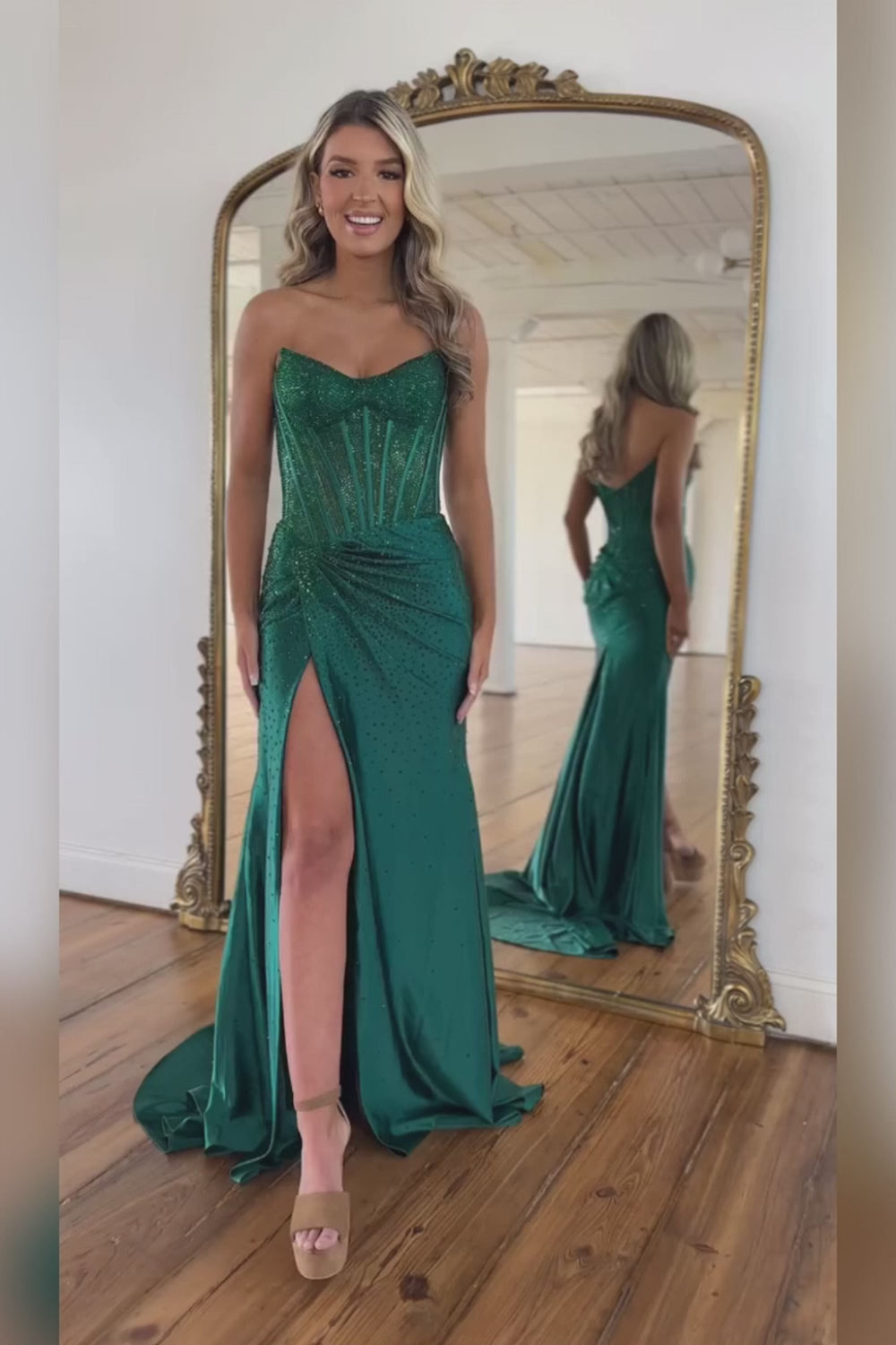 Glitter Light Blue Beaded Mermaid Long Corset Prom Dress with Slit