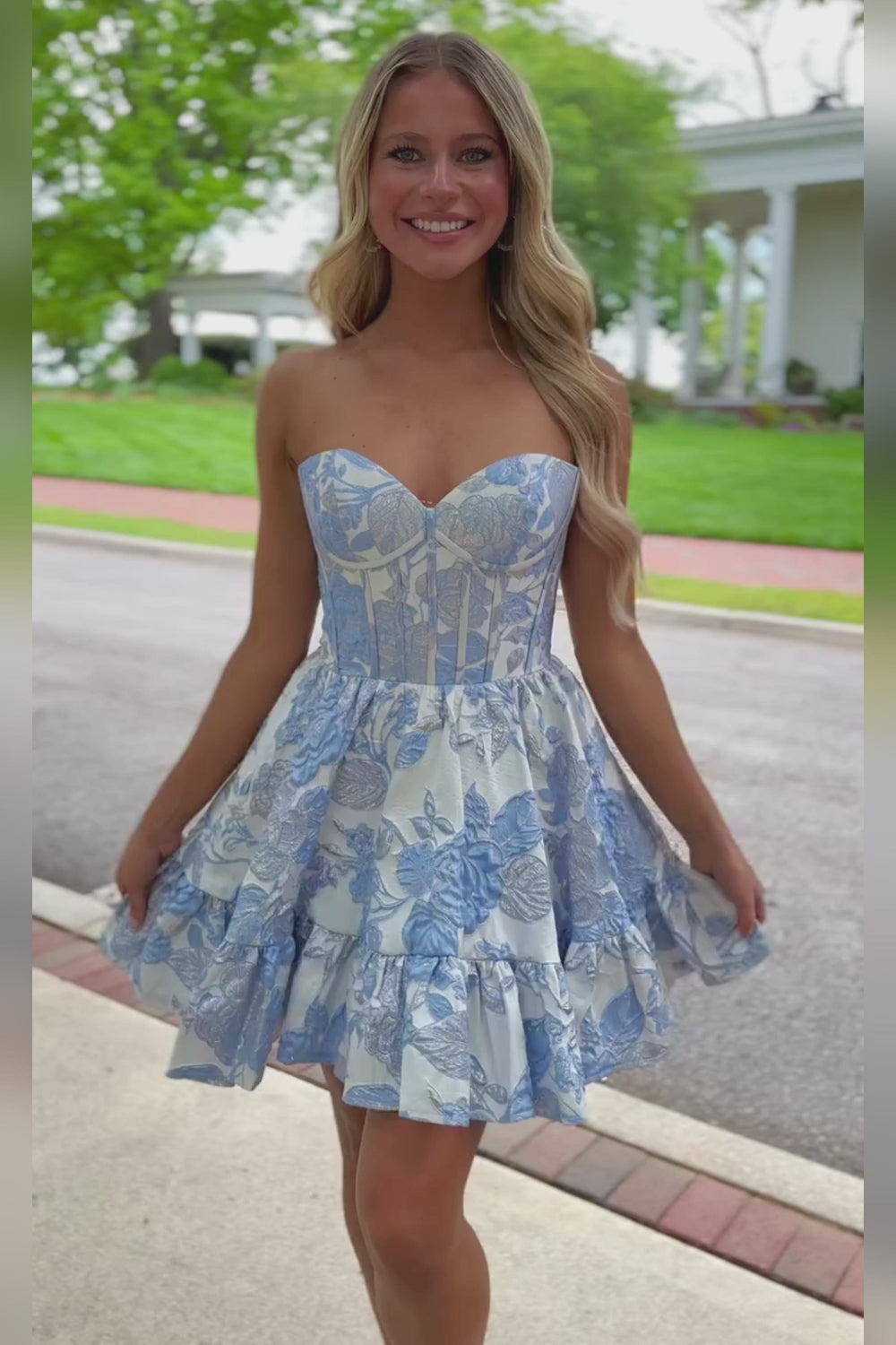 Strapless Floral Jacquard Corset Homecoming Dress | Sweetheart Ruffle Skirt Short Prom Gown