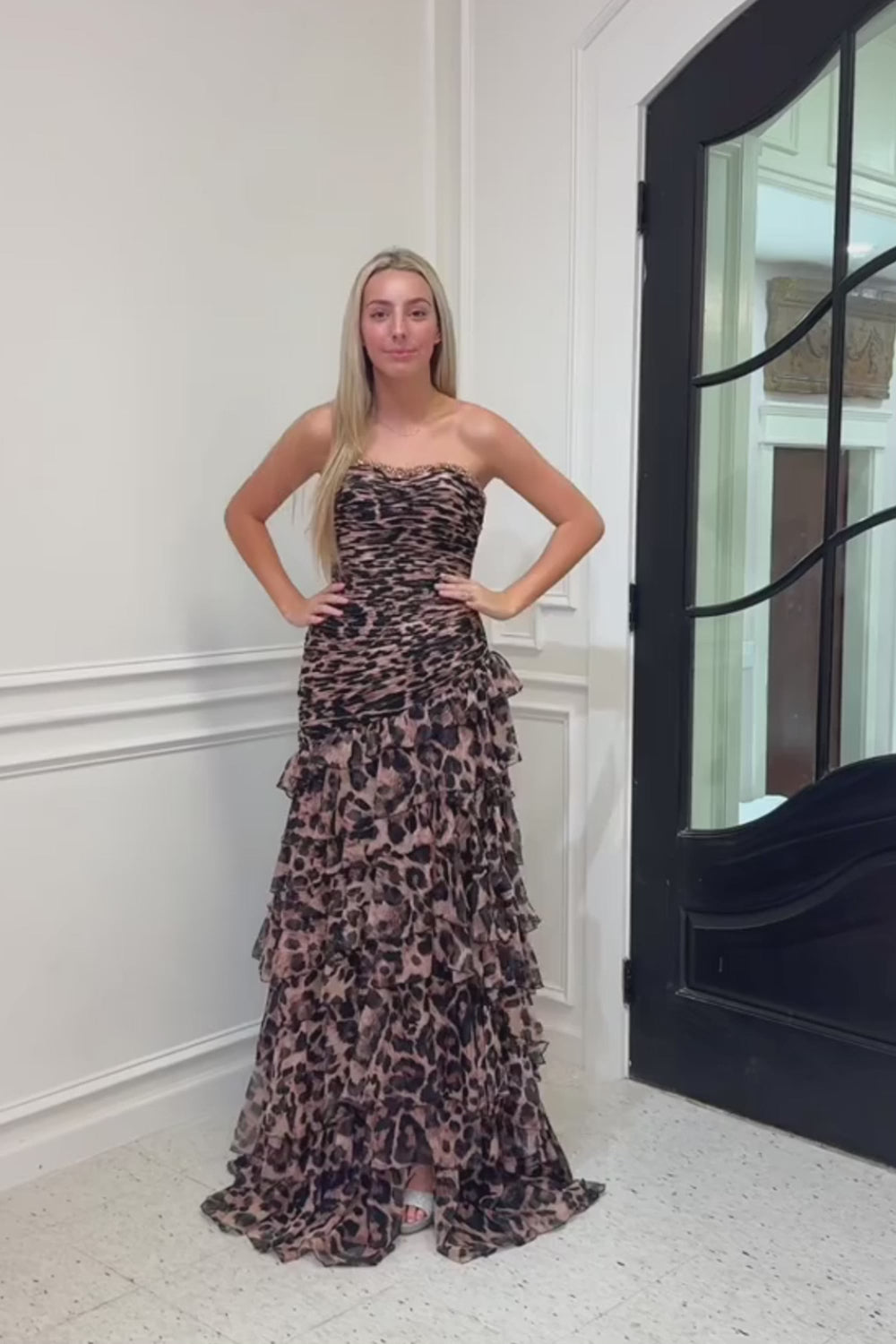 Brown Leopard Strapless Tiered Mermaid Long Prom Dress with Slit