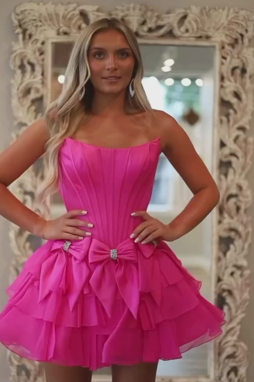 Strapless Satin Corset Homecoming Dress | Rhinestone Bow Tiered Chiffon Ruffle Mini Prom Gown