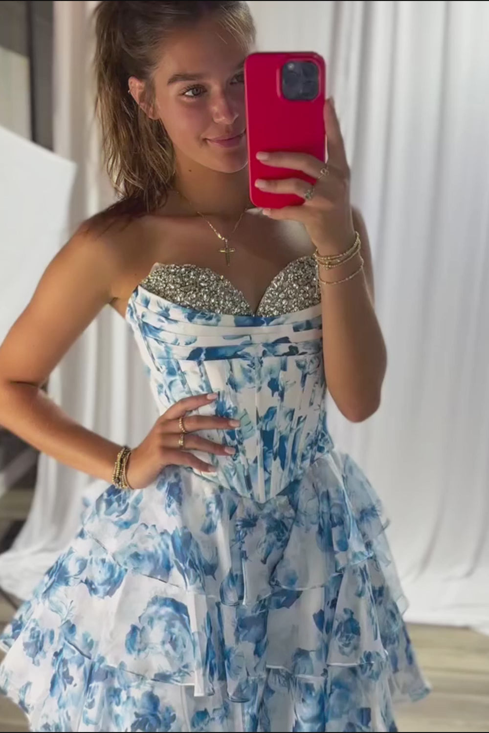 Strapless Floral Print Corset Homecoming Dress | Crystal Sweetheart Tiered Ruffle Short Prom Gown