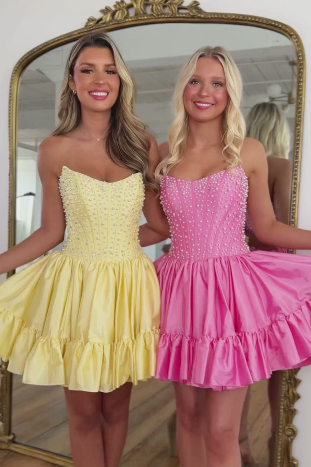 Strapless Pearl Embellished Corset Homecoming Dress | Ruffled Hem A-Line Mini Party Gown