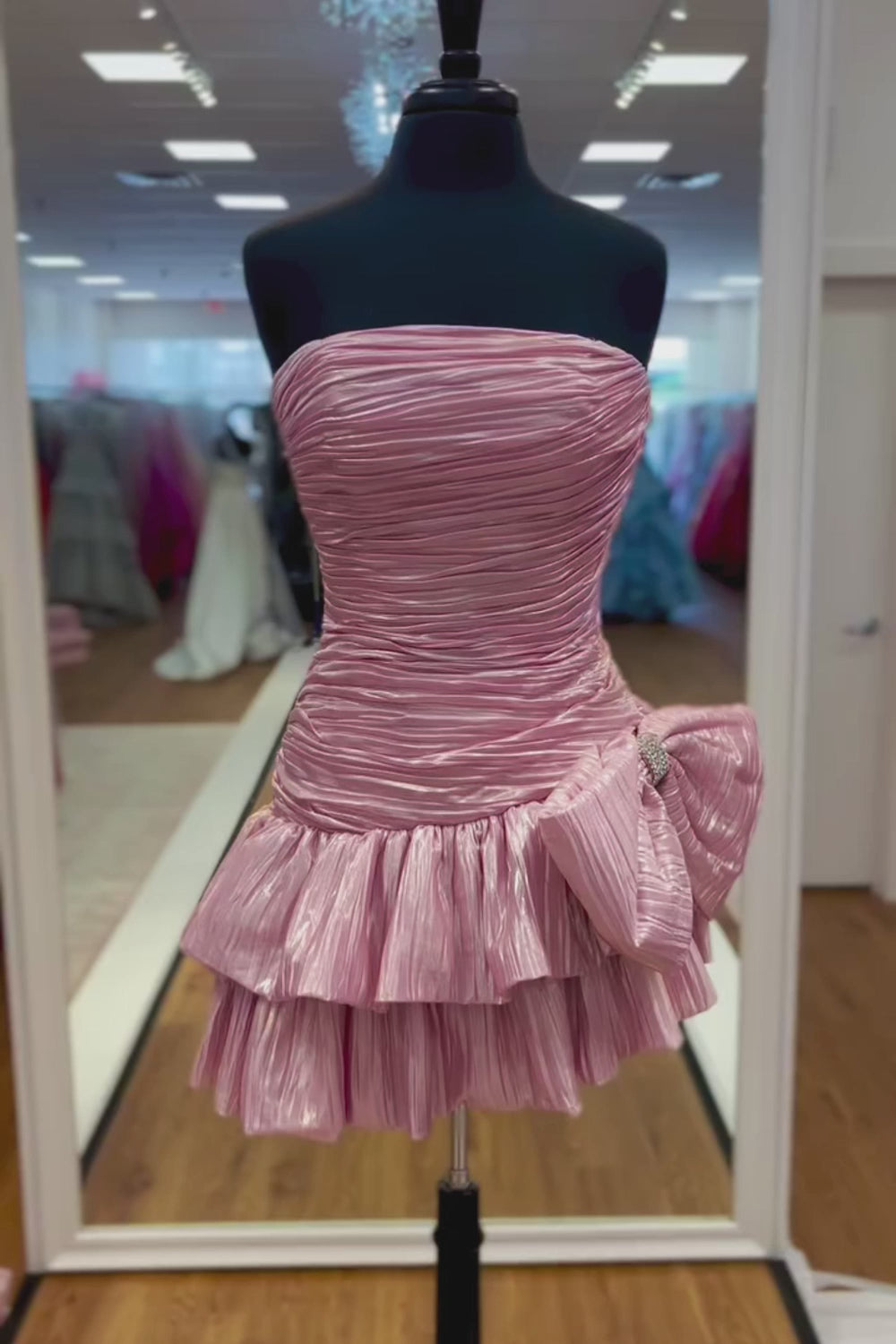 Strapless Ruched Metallic Homecoming Dress | A-Line Mini with Crystal Bow Party Gown