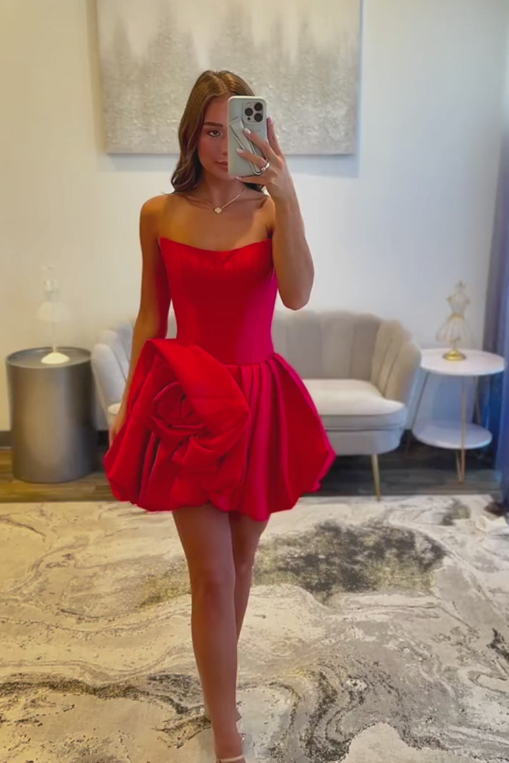 Strapless 3D Rose Homecoming Dress | Structured Satin Corset Bubble Skirt Party Gown