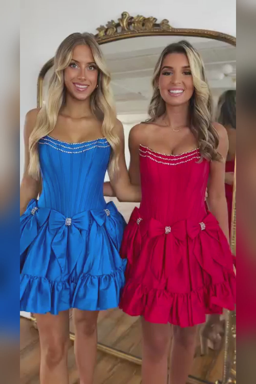 Strapless Corset Bow Homecoming Dress | Rhinestone Trim Ruffle Hem Short Prom Gown