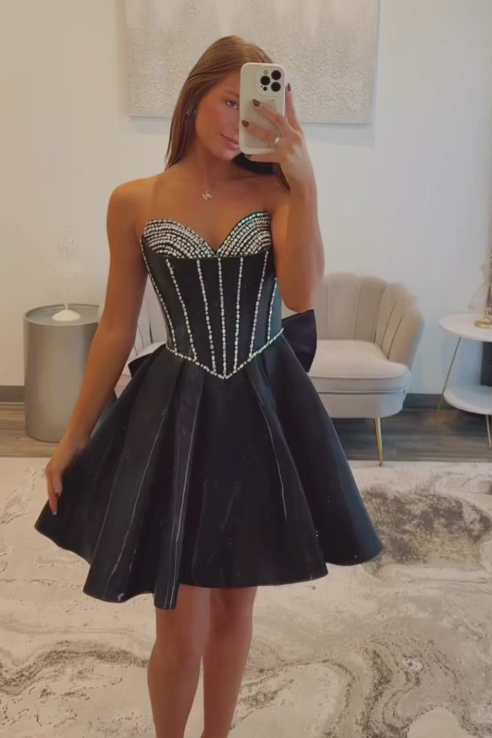 Strapless Rhinestone Corset Homecoming Dress | A-Line Satin Mini with Bow Party Gown