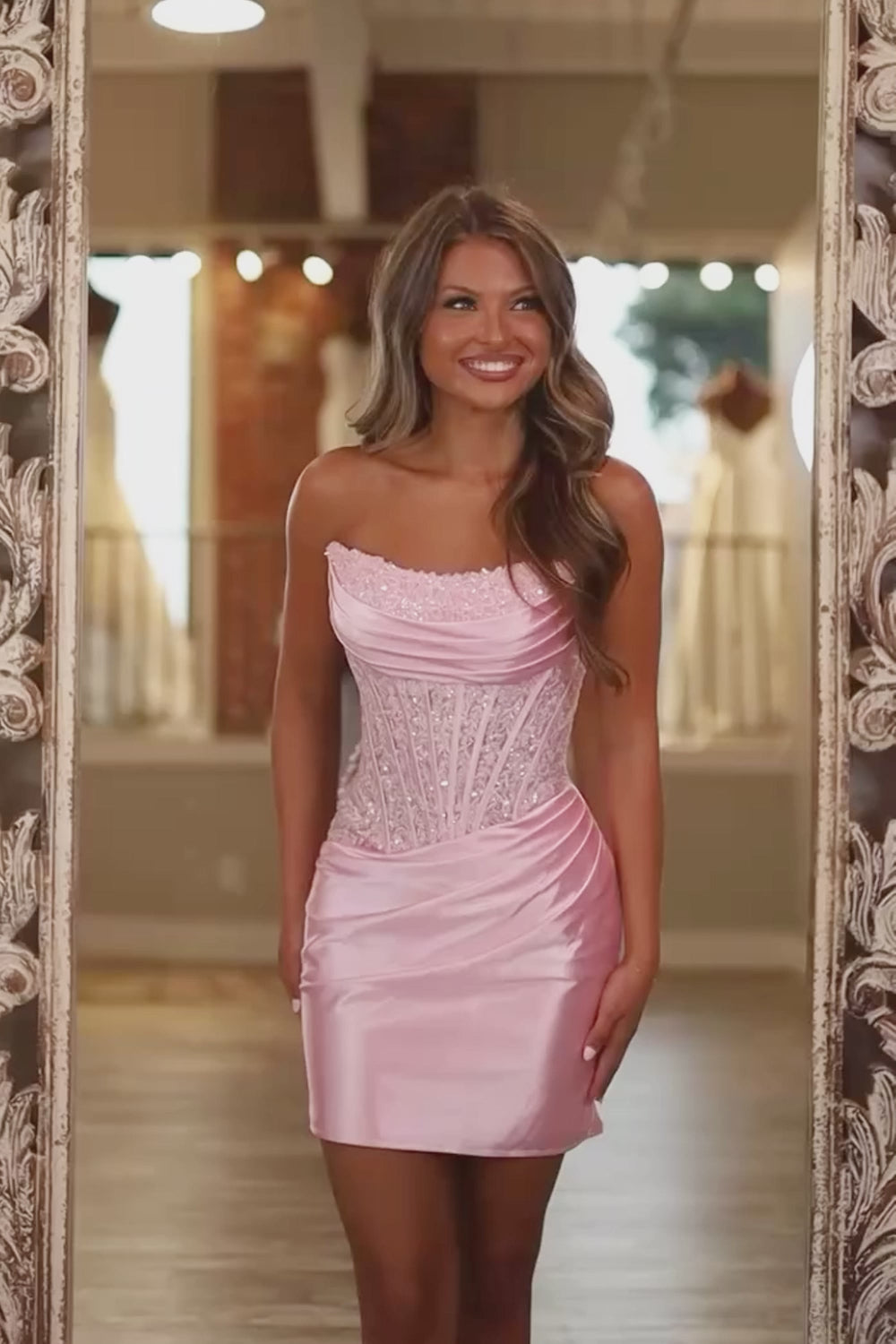Strapless Rhinestone Corset Homecoming Dress | Satin Ruched Bodycon Short Prom Gown