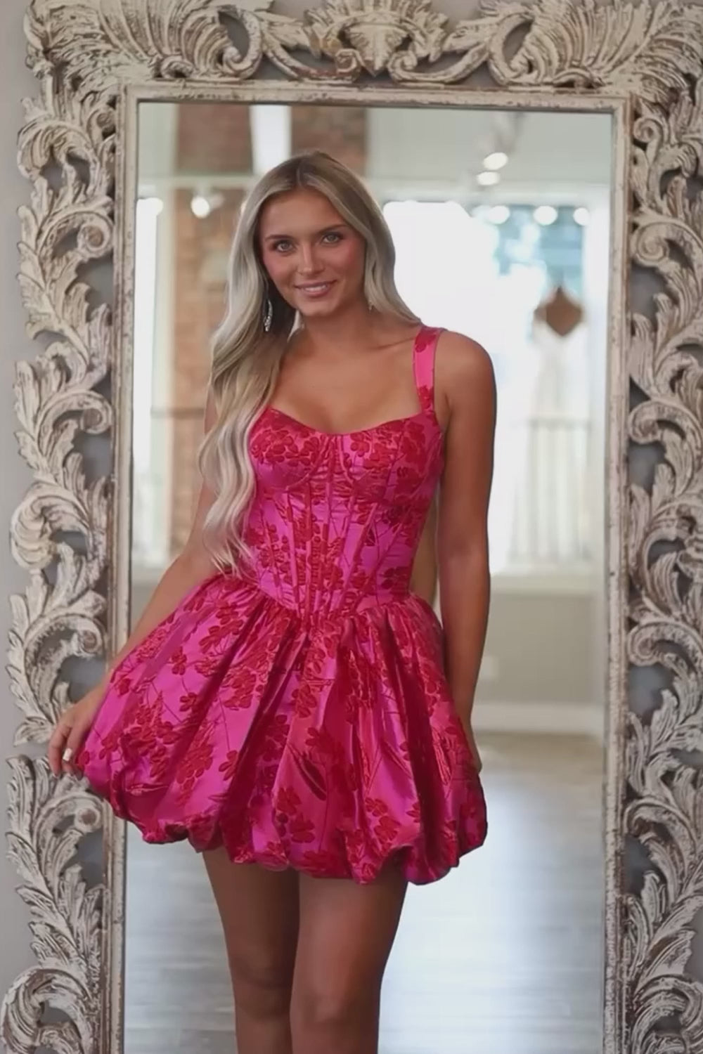 Floral Jacquard Corset Homecoming Dress | Bubble Hem Mini Party Gown