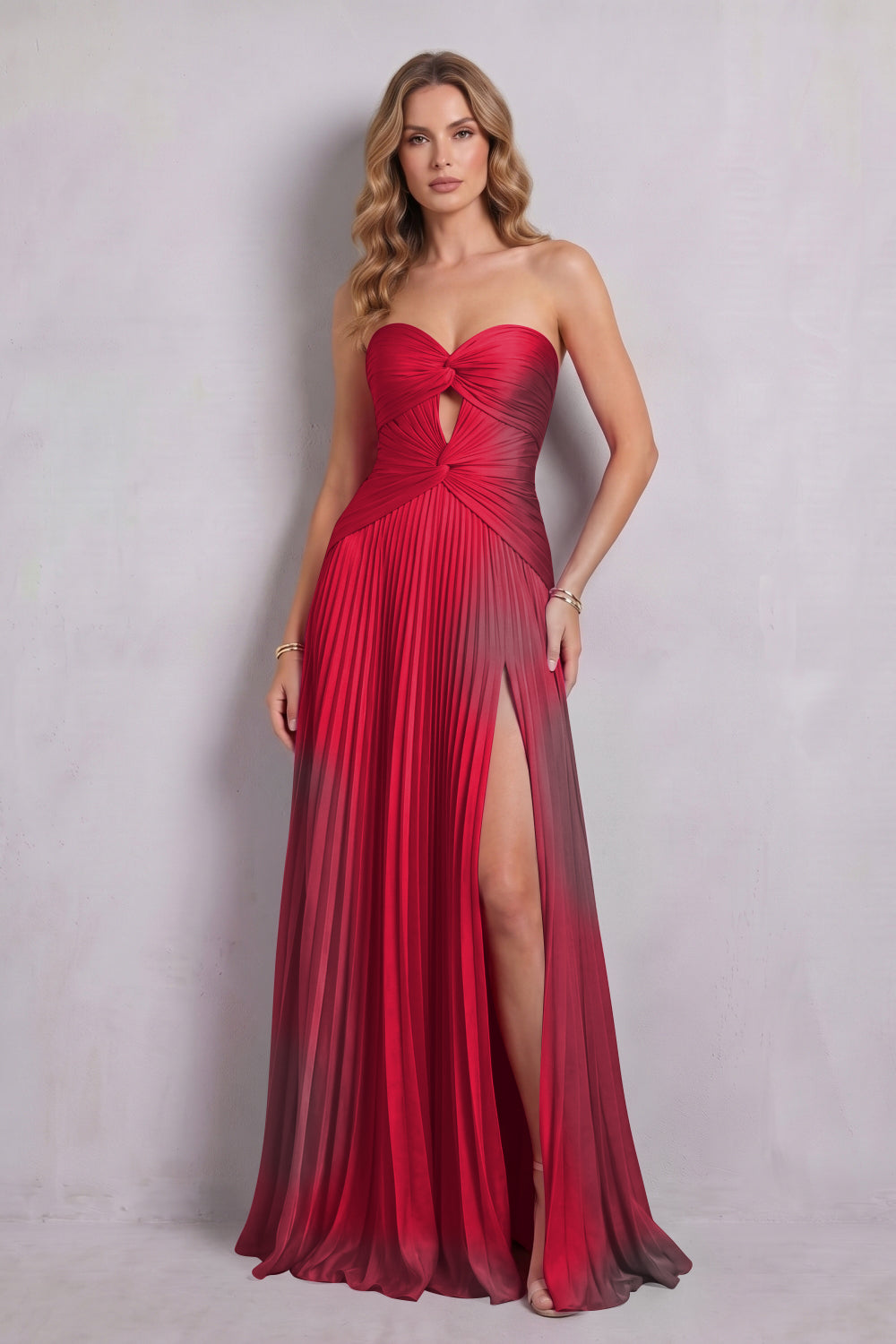 Hot Pink Sweetheart Chiffon A-Line Pleated Long Prom Dress with Slit