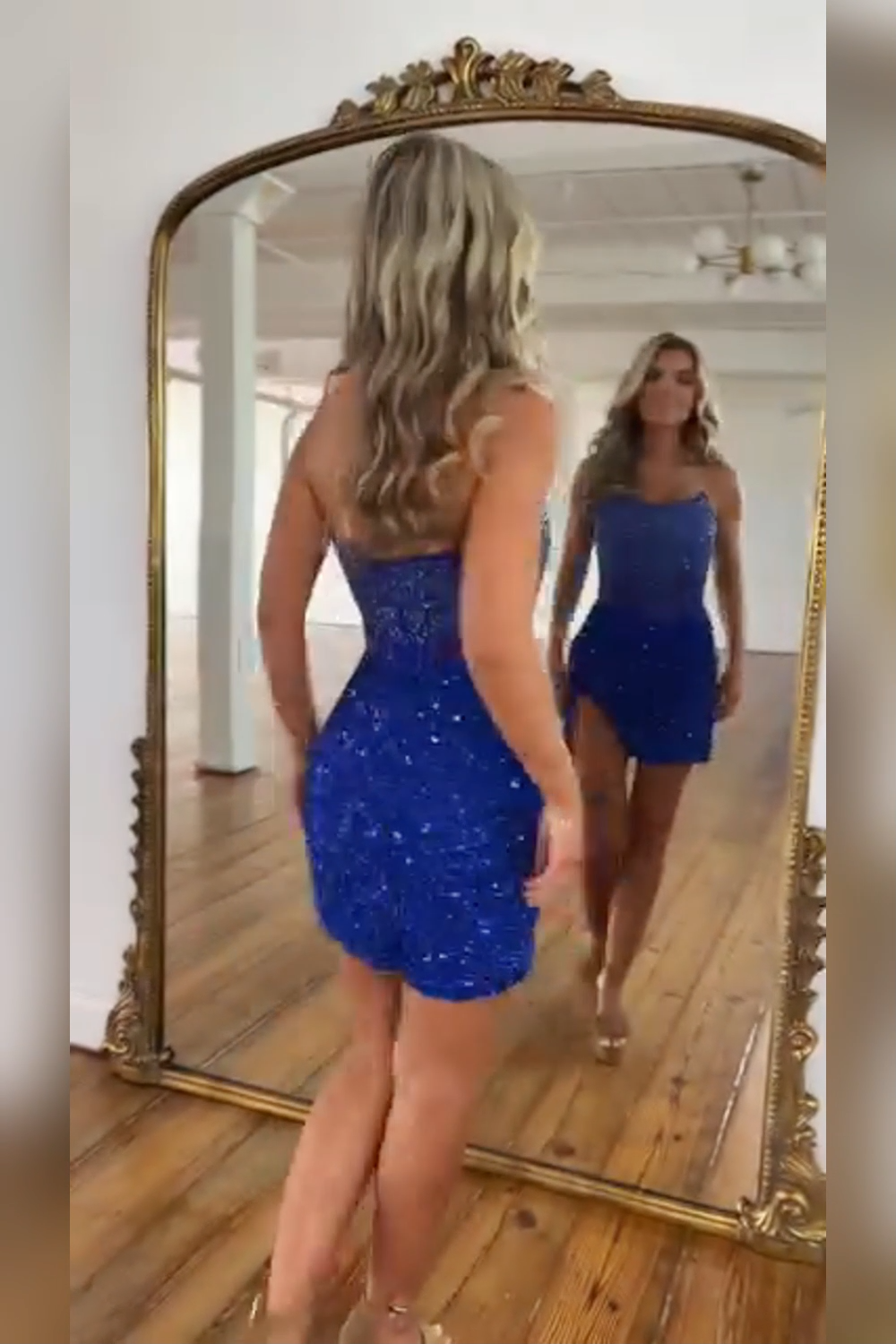 Strapless Rhinestone Corset Homecoming Dress | Asymmetrical Sequin Skirt Short Prom Gown