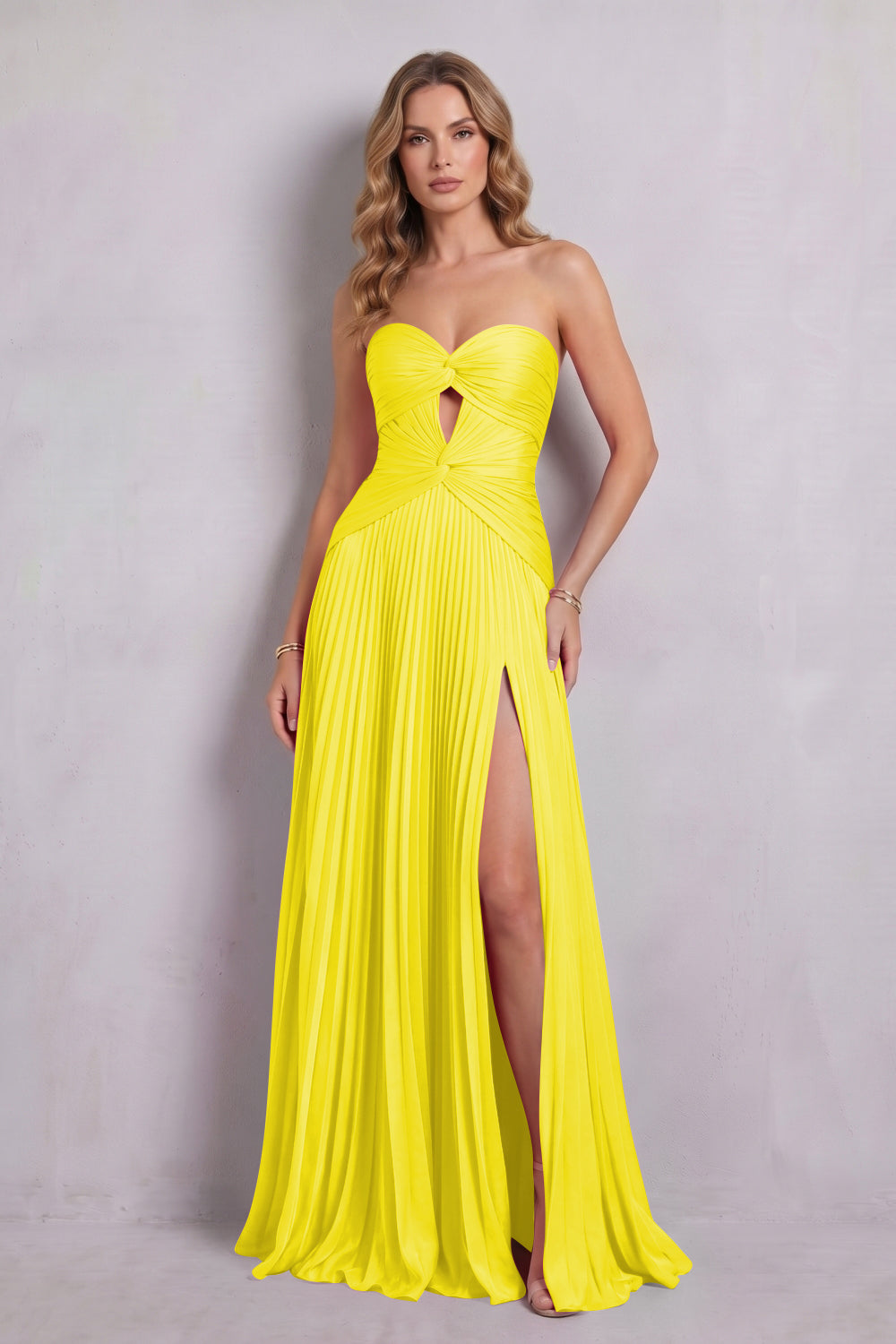 Hot Pink Sweetheart Chiffon A-Line Pleated Long Prom Dress with Slit