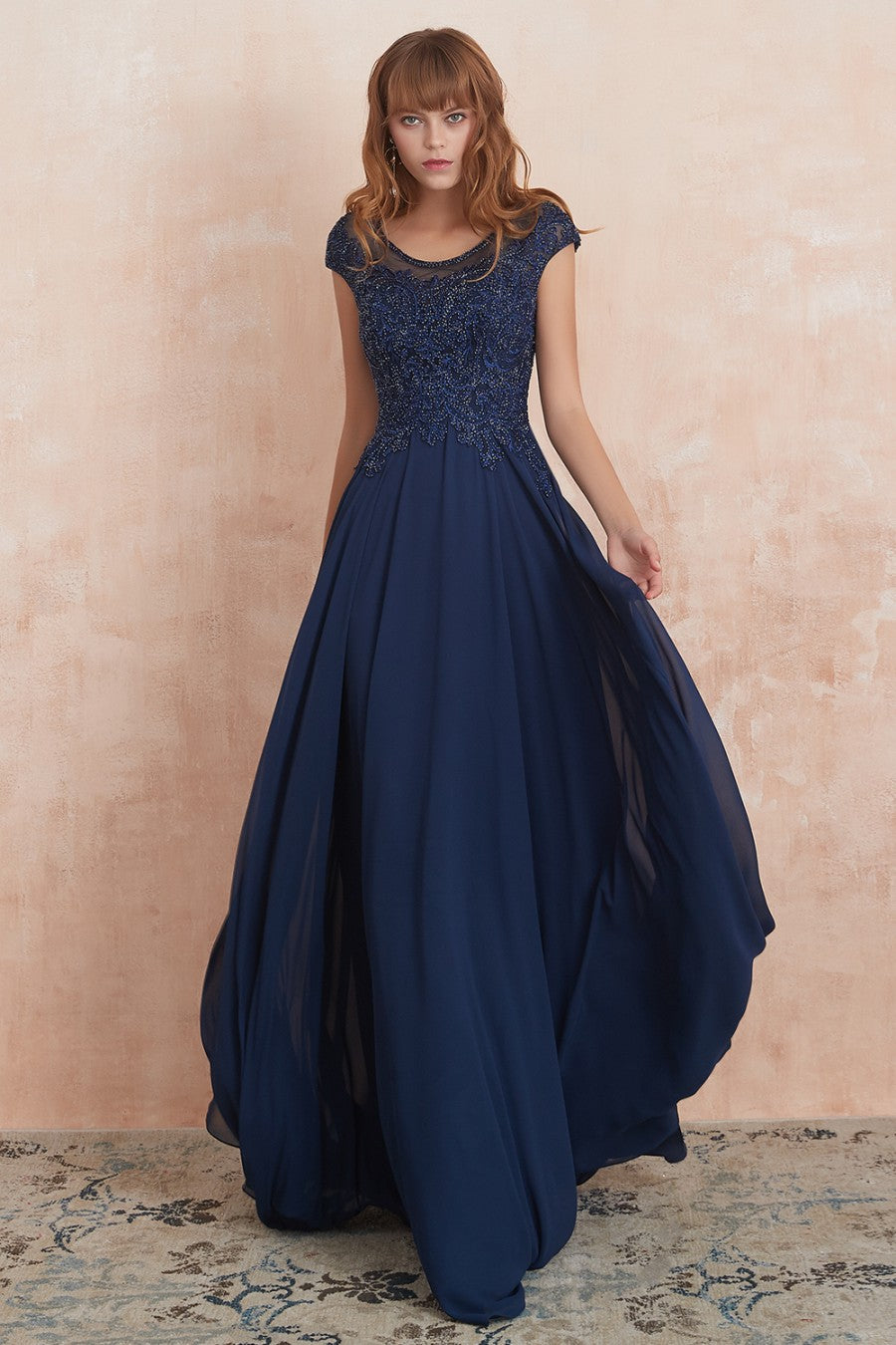A line Navy Long Prom Dress With Appliques