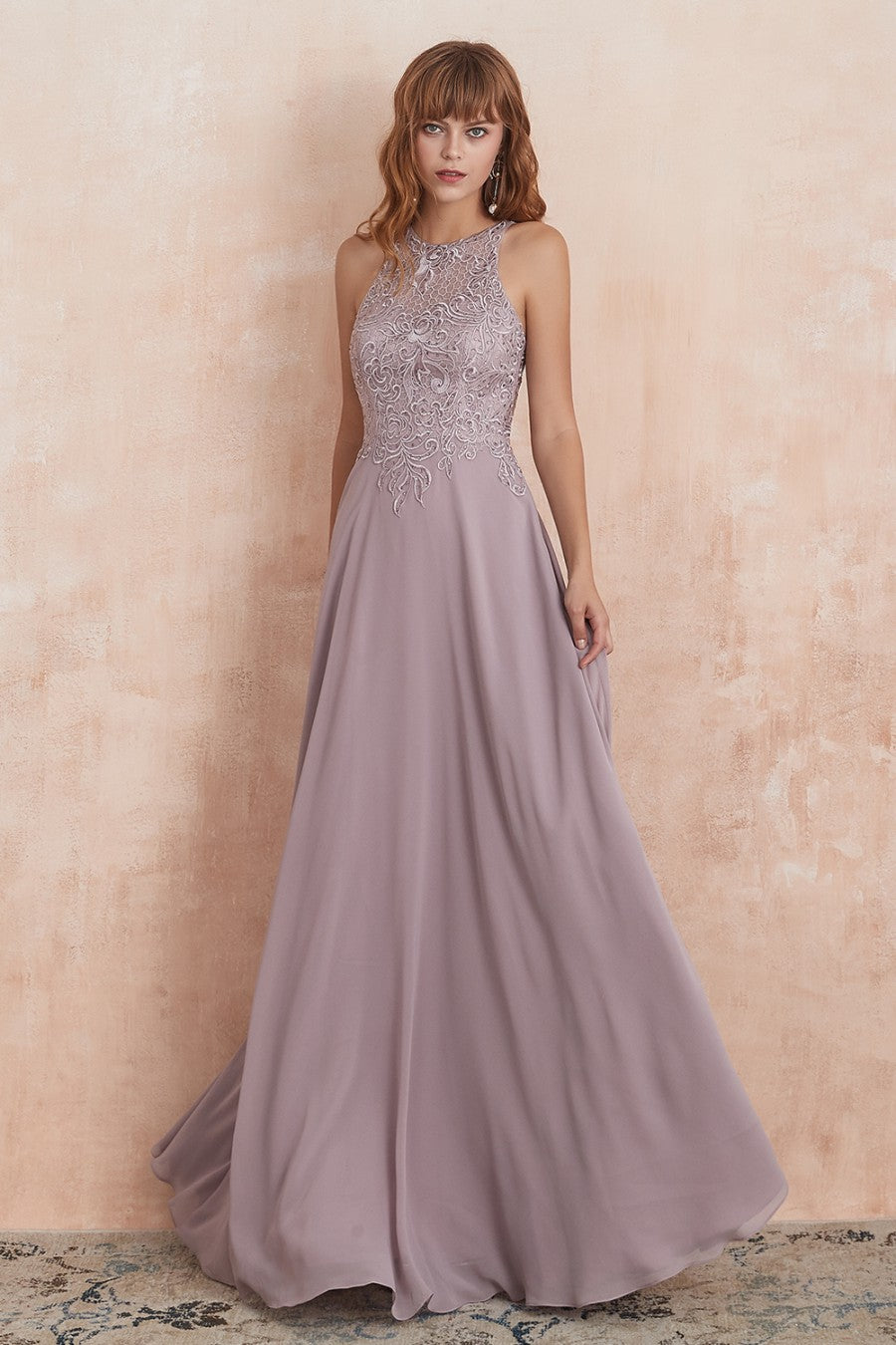 A line Round Neck Prom Dress With Appliques
