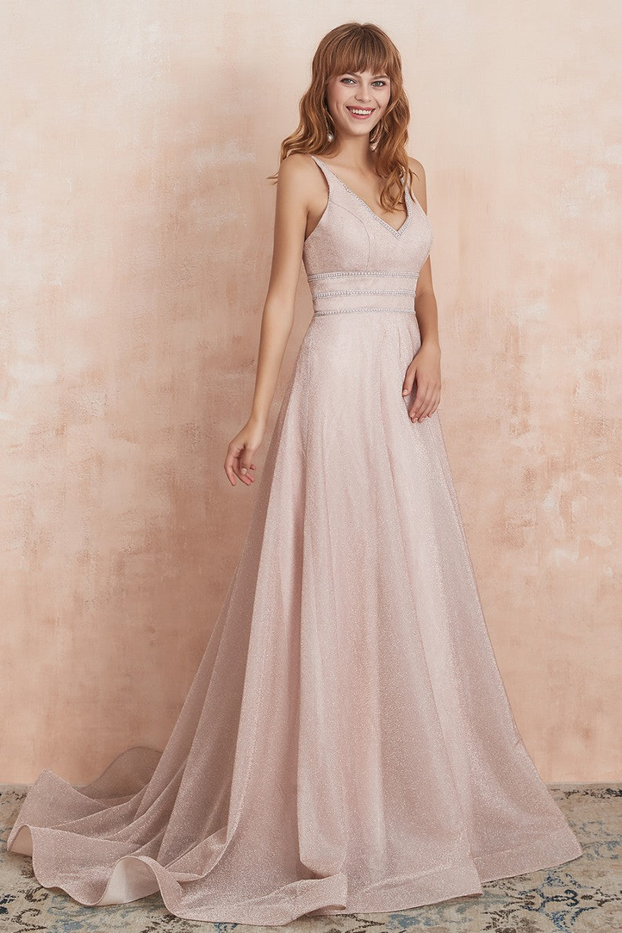 A line V Neck Pink Long Prom Dress