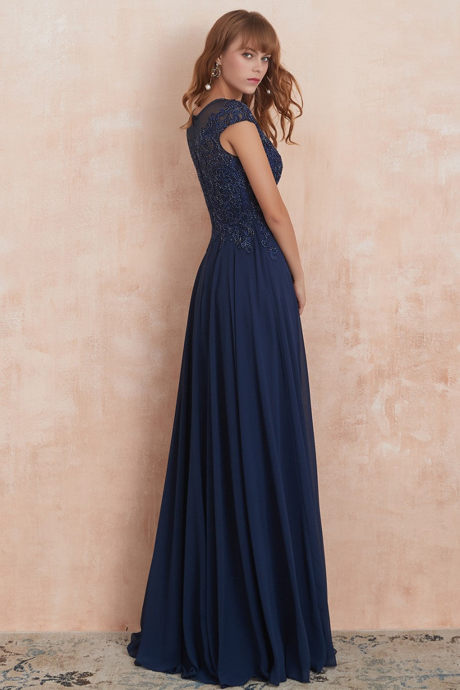 A line Navy Long Prom Dress With Appliques