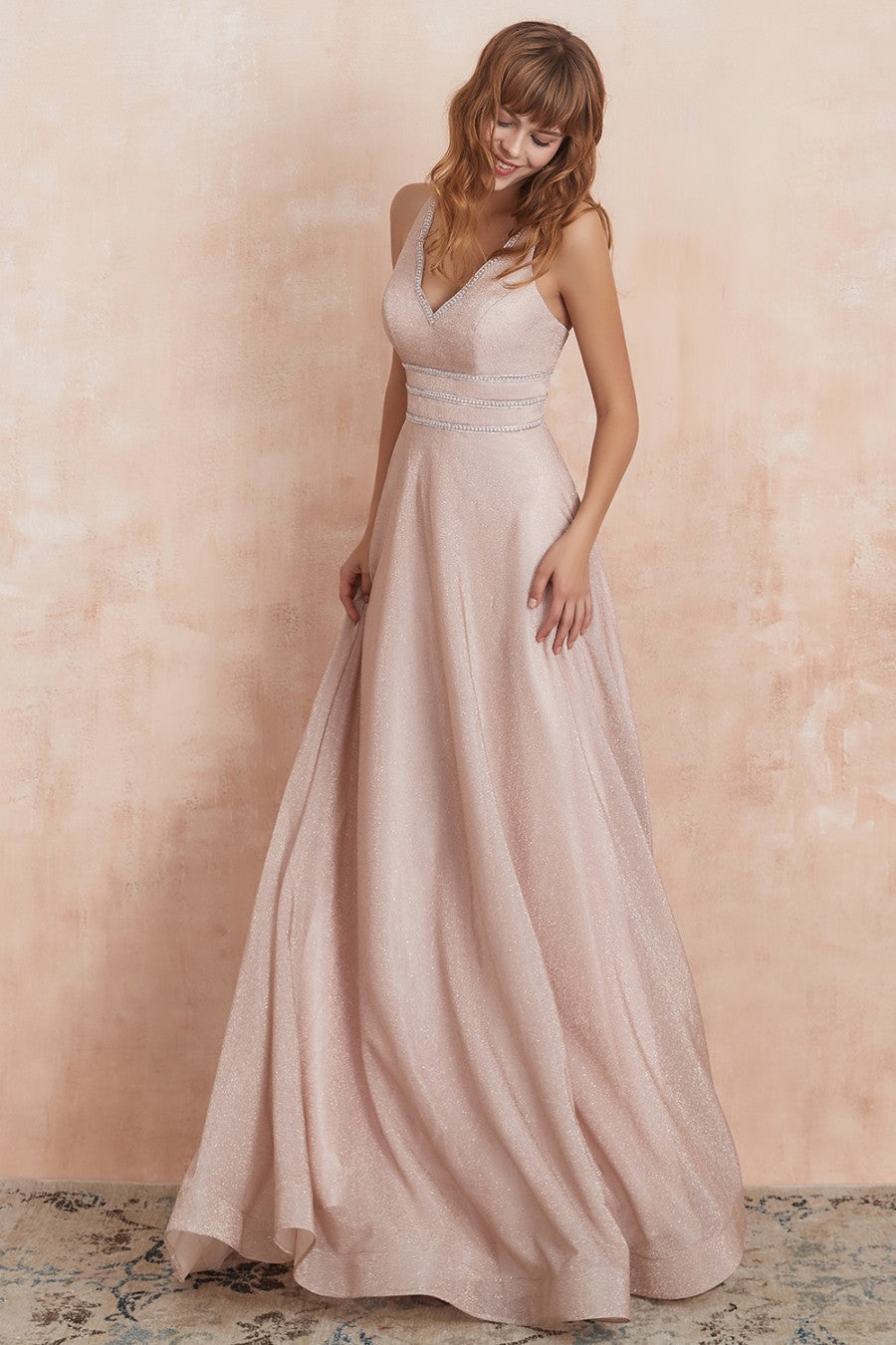 A line V Neck Pink Long Prom Dress