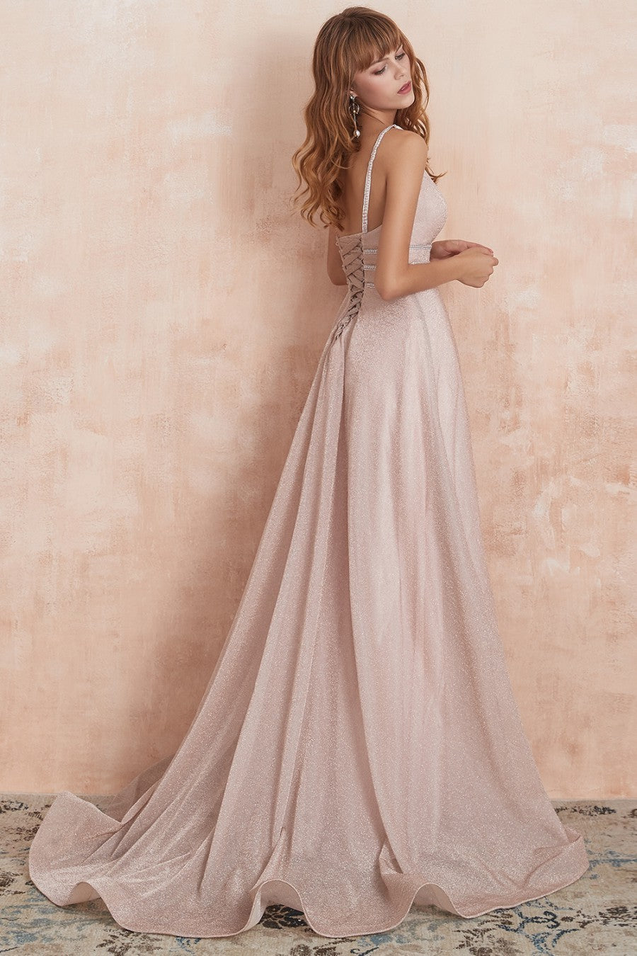A line V Neck Pink Long Prom Dress