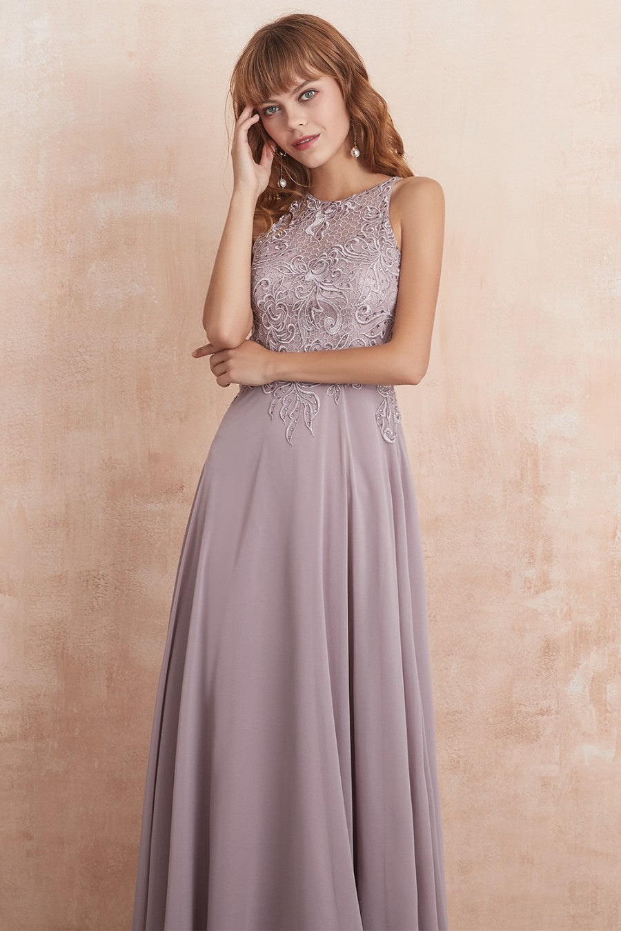 A line Round Neck Prom Dress With Appliques