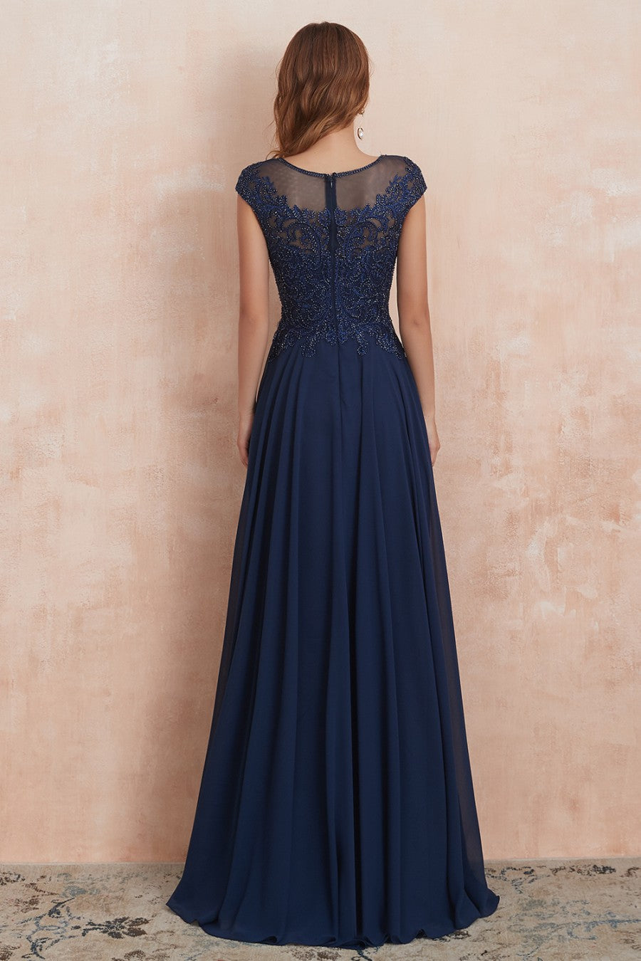 A line Navy Long Prom Dress With Appliques