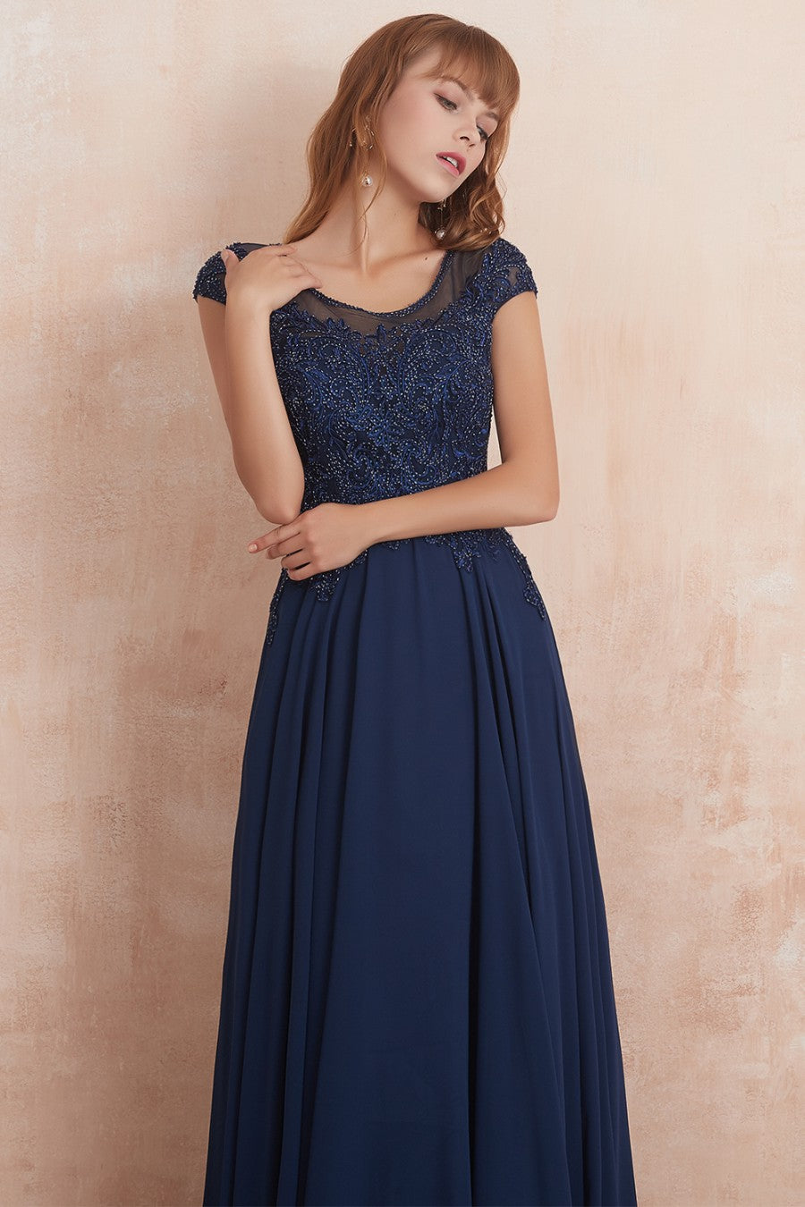 A line Navy Long Prom Dress With Appliques