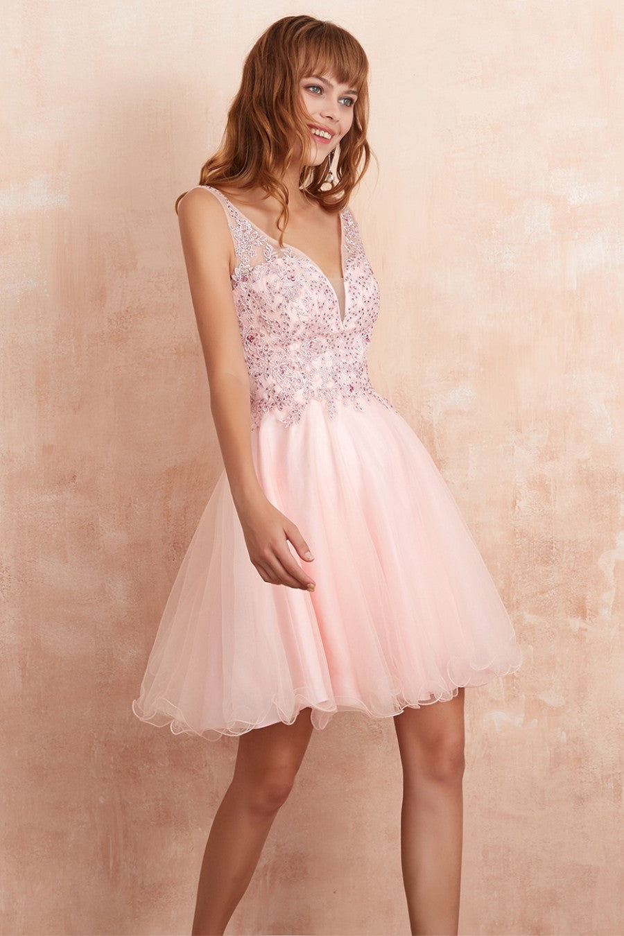 A line Pleating Tulle Homecoming Dress With Appliques