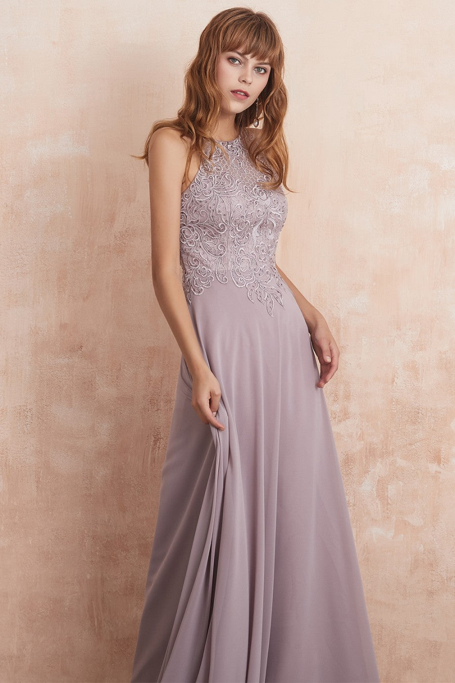 A line Round Neck Prom Dress With Appliques